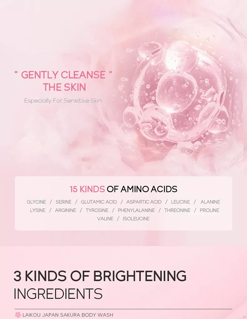 LAIKOU  Sakura Shower Gel Body Wash Brightening Exfoliating Smoothing Gentle Cleansing Moisturizing Bath Gel Women Men 100ml